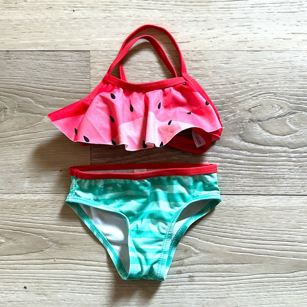 NWOT Sz 12m Pink Platinum watermelon Themed two Piece Cross Strap Swimsuit